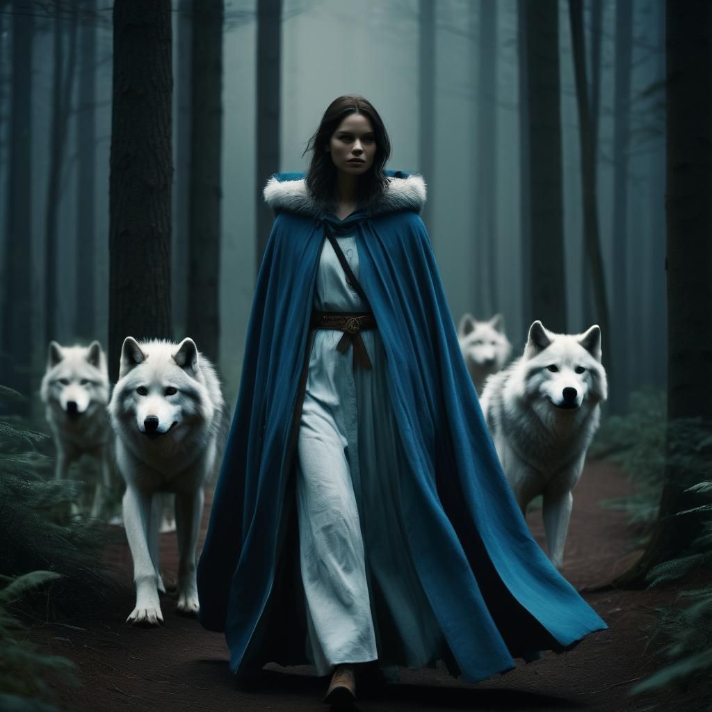 Woman and Wolves in Misty Forest, Cinematic Style