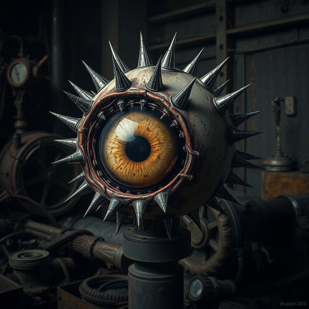 Macabre Spiked Eyeball in Retro-Futuristic Setting