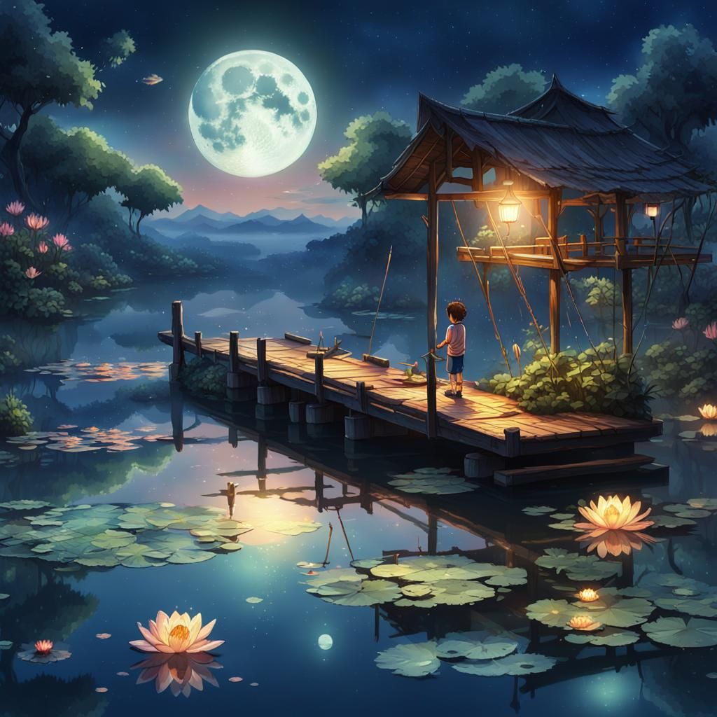 Anime Watercolor: Boy Fishing Under Moonlight