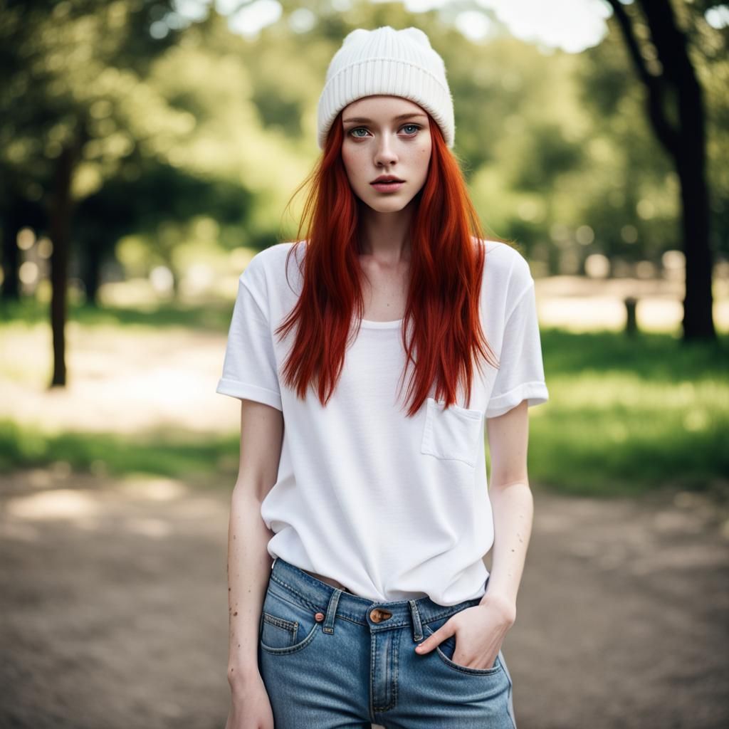 Stylish Girl with Red Hair in Urban Park