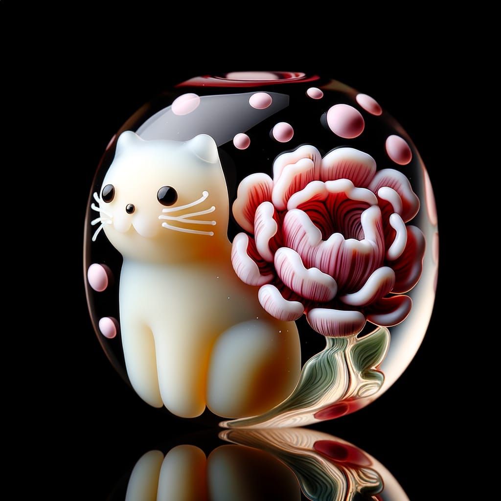 Japanese Tombodama Glass Bead with Cat and Peony