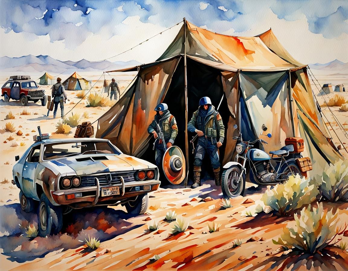 Post-Apocalyptic Desert Survival in Watercolor Style