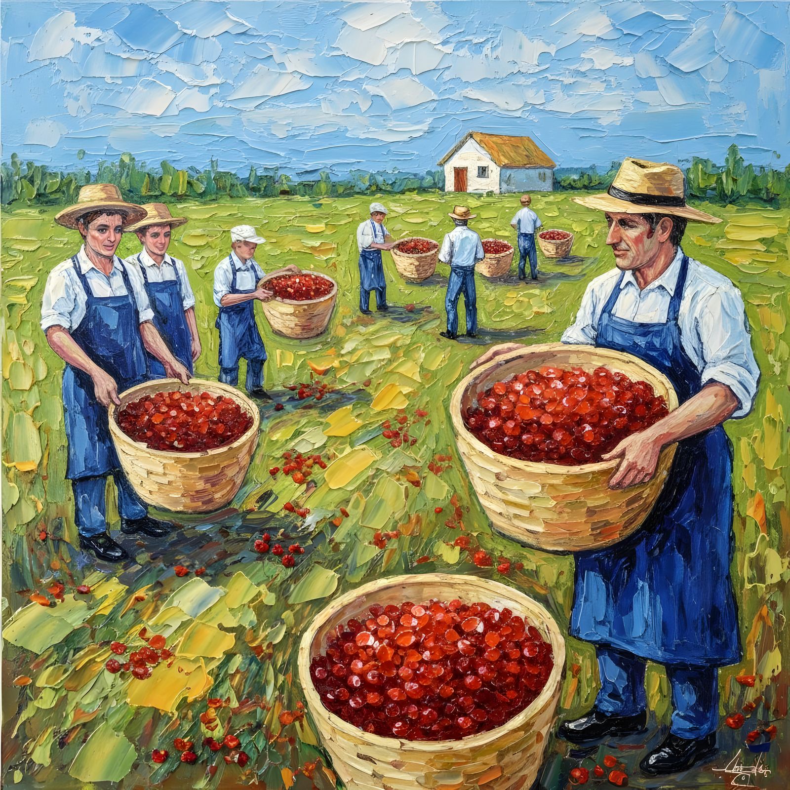 Neo-Impressionist Cranberry Harvest Celebration Oil Painting
