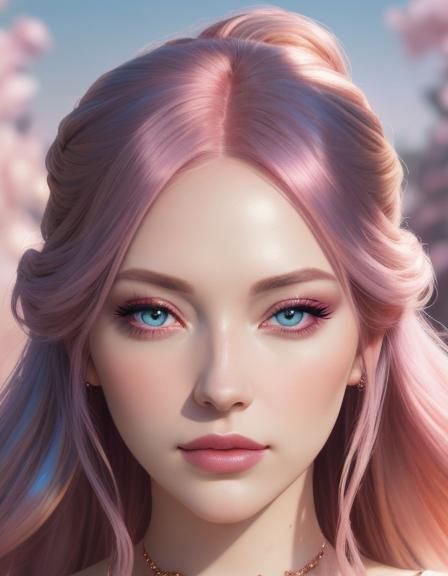 Ethereal young lady with beautiful long mauve pink hair and blue eyes with vibrant shimmery rose gold eyeshadow with Ros...
