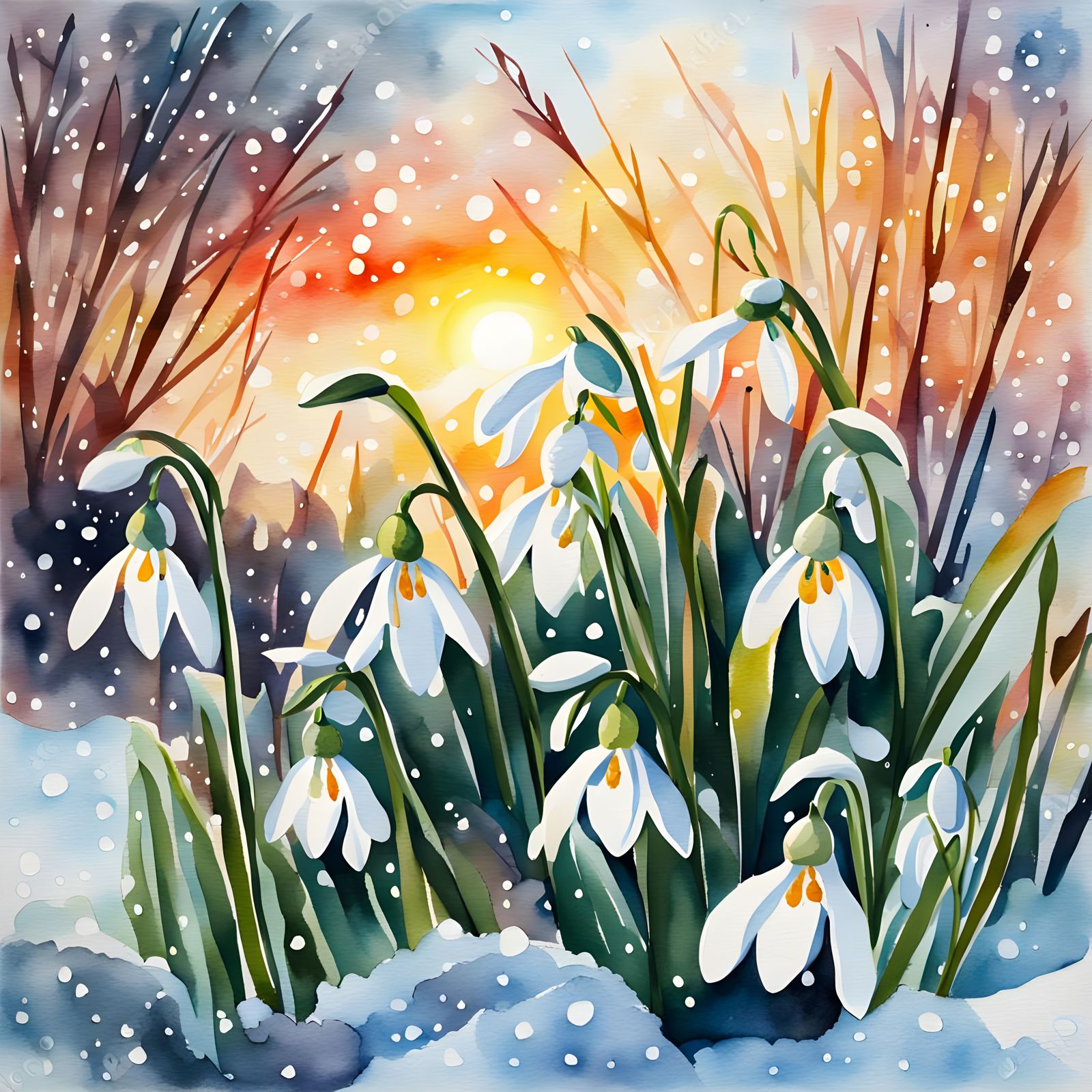 Snowdrops Piercing Snow at Sunset in Watercolor