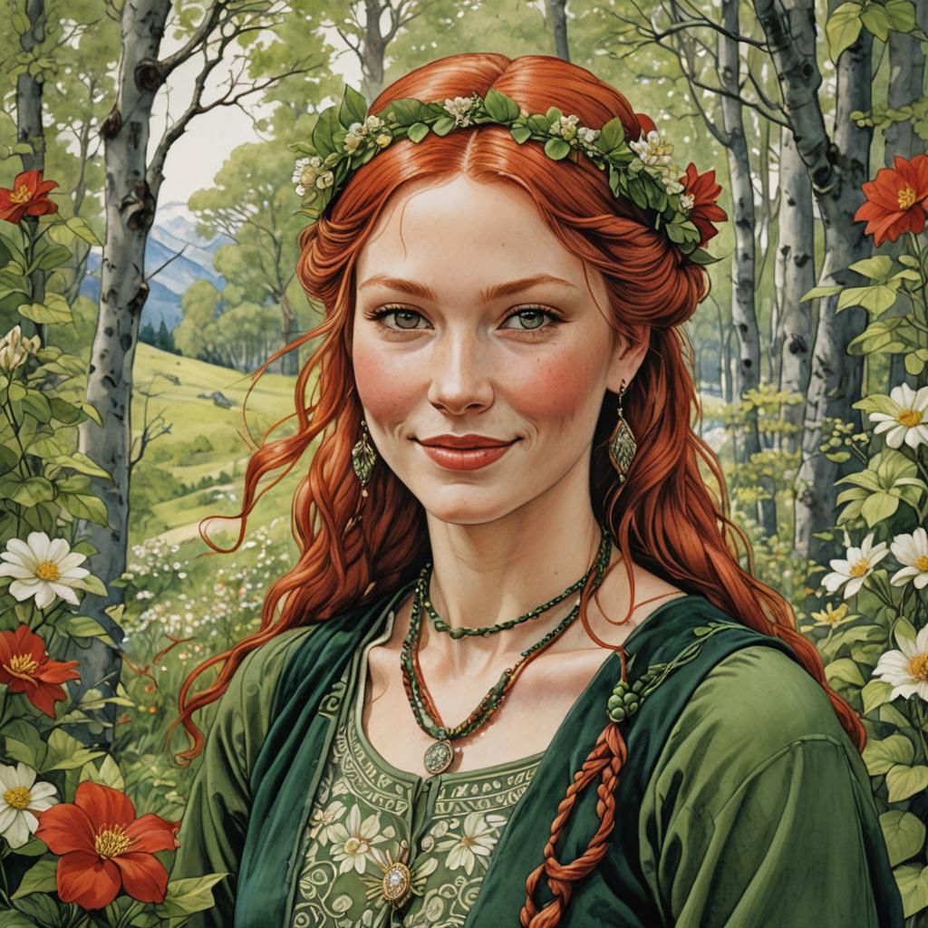 Red-Haired Girl in Spring Landscape