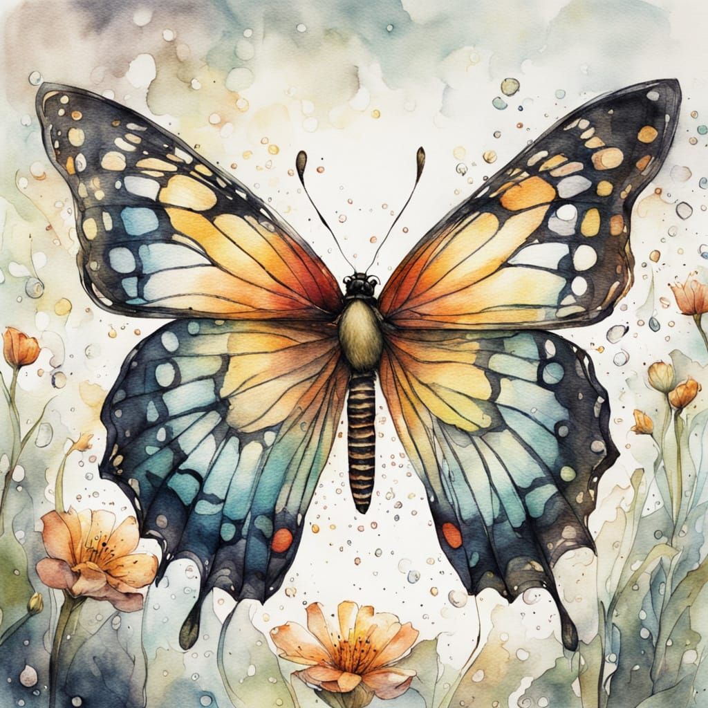 Whimsical Watercolour Butterfly in Mid-Air