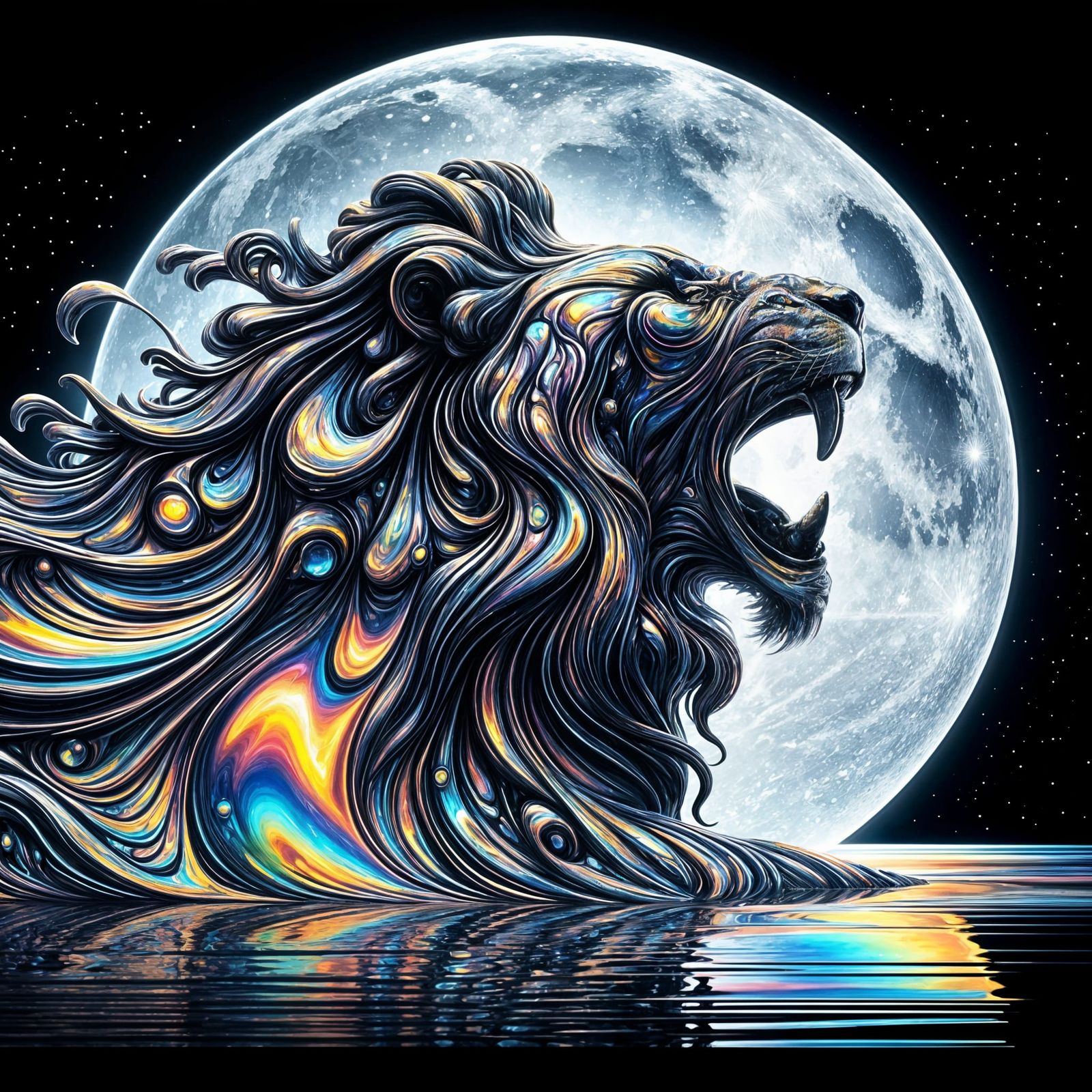 Chrome Lion Roaring at Iridescent Moon, Digital Matte Painti...