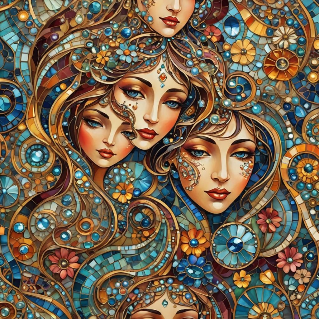 Colorful Mosaic of Baby Faces in Art Nouveau Style