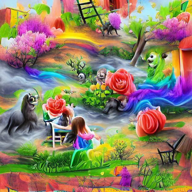 Cute Scary monsters painting a rainbow outdoors in a lush garden with blooming roses