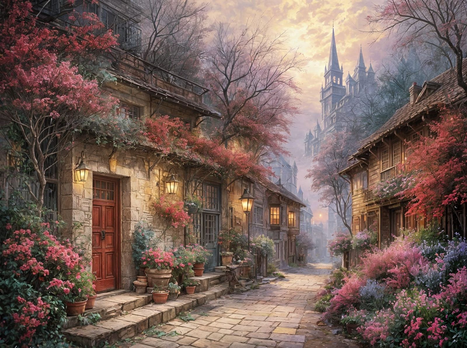 Vibrant Colonial Alley in Ethereal Winter Mist