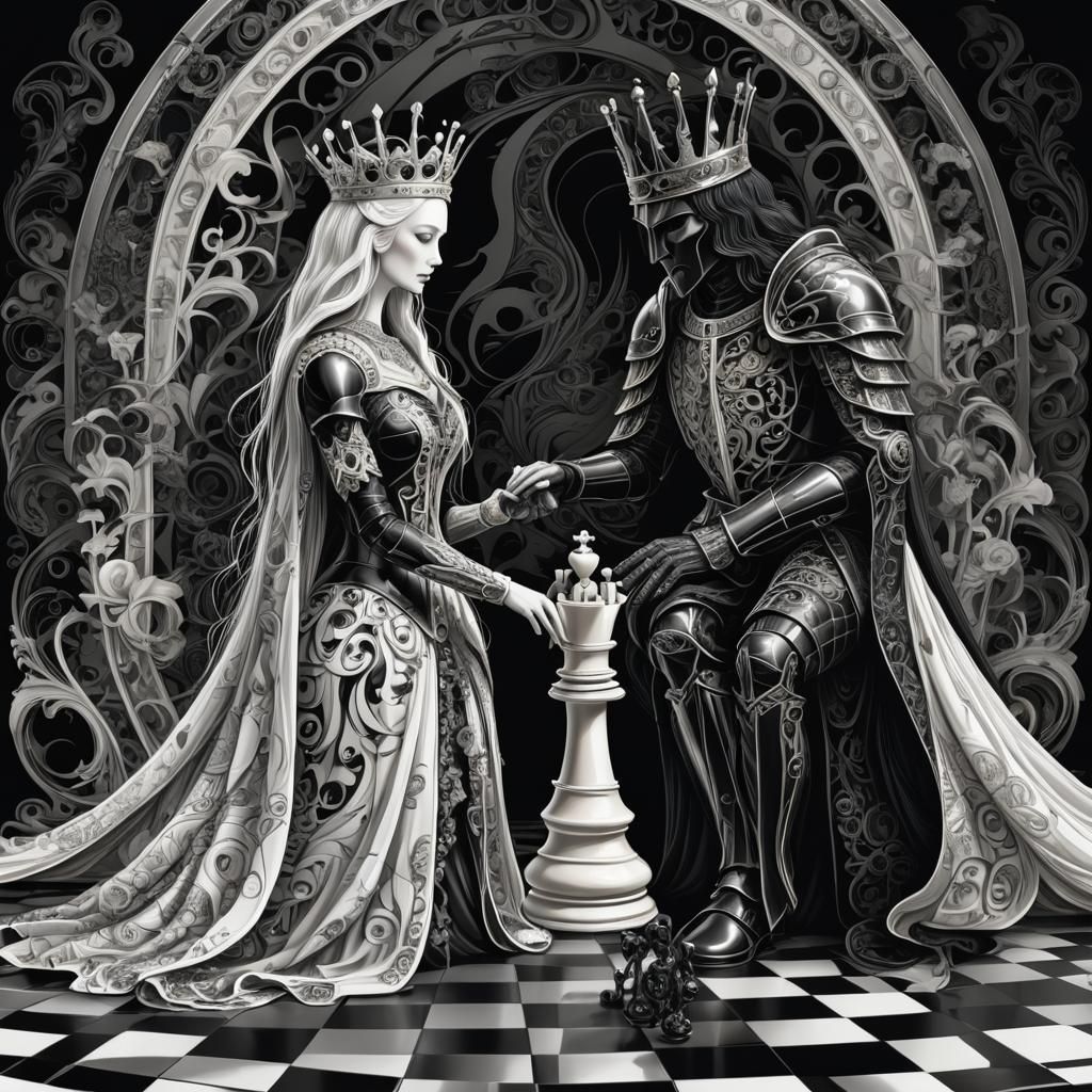 Chess: Black Knight Victory in Magic Realism Style