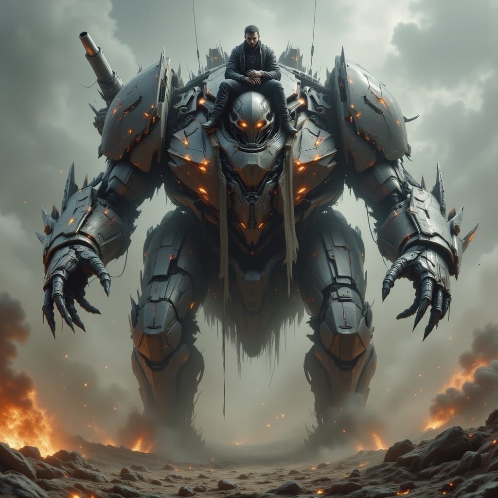 Mech Pilot Rests on Damaged Mech Amidst Artillery Barrage