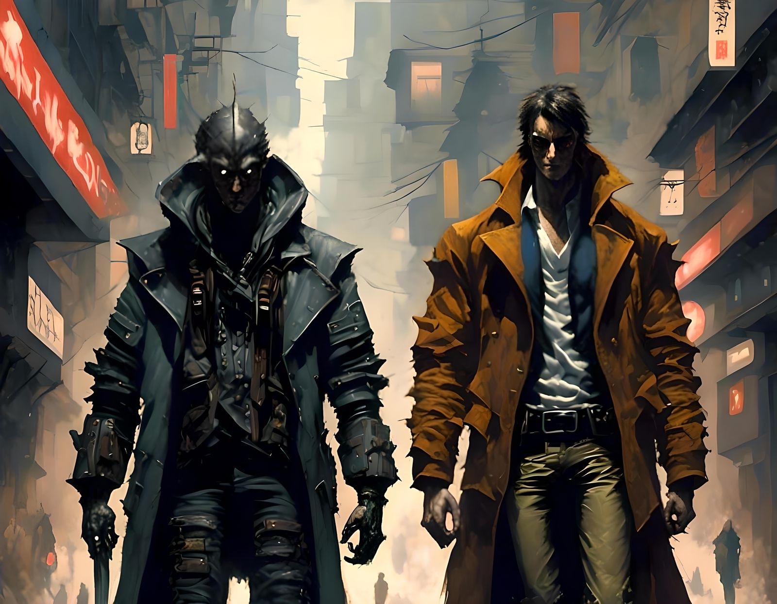 Replicant and Blade Runner <lora:M-TechwearCyberpunk:0.45> <...