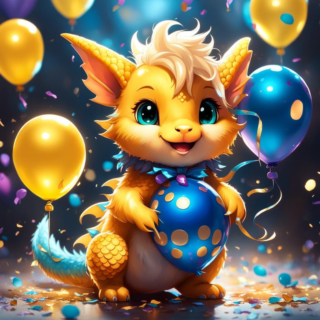 Cute Chibi Dragon Celebration with Balloons and Confetti