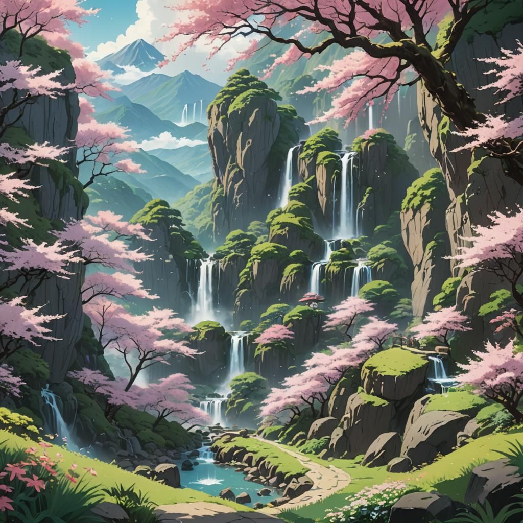 Mountain Valley Memorial in Studio Ghibli Anime Style