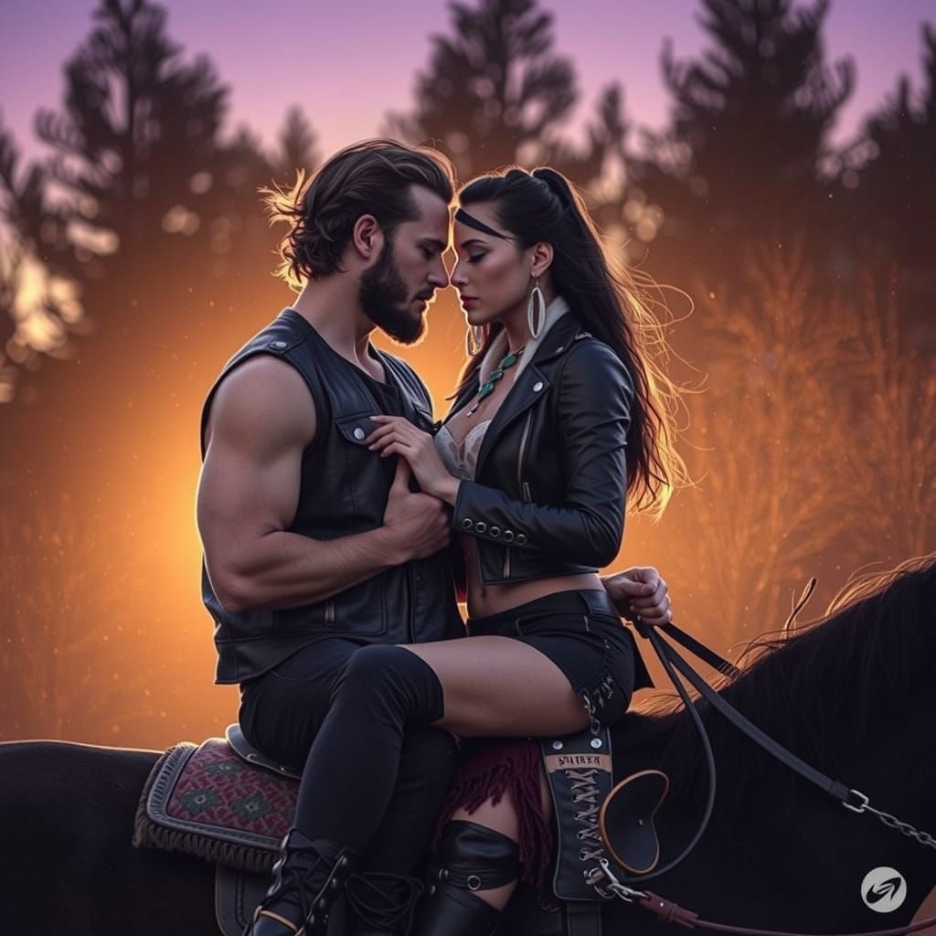 Biker and Native Woman Embrace at Twilight