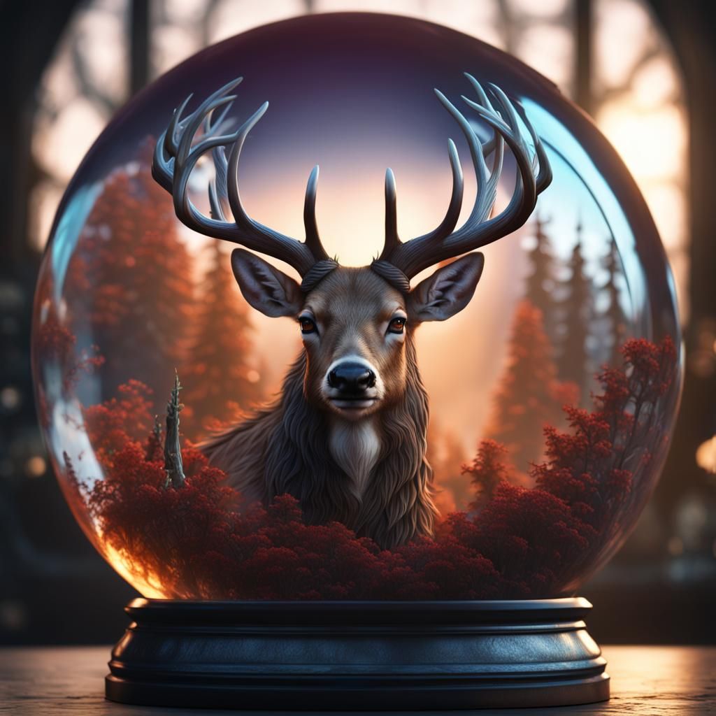 Deer with Antlers in Crystal Ball, Detailed Matte Painting