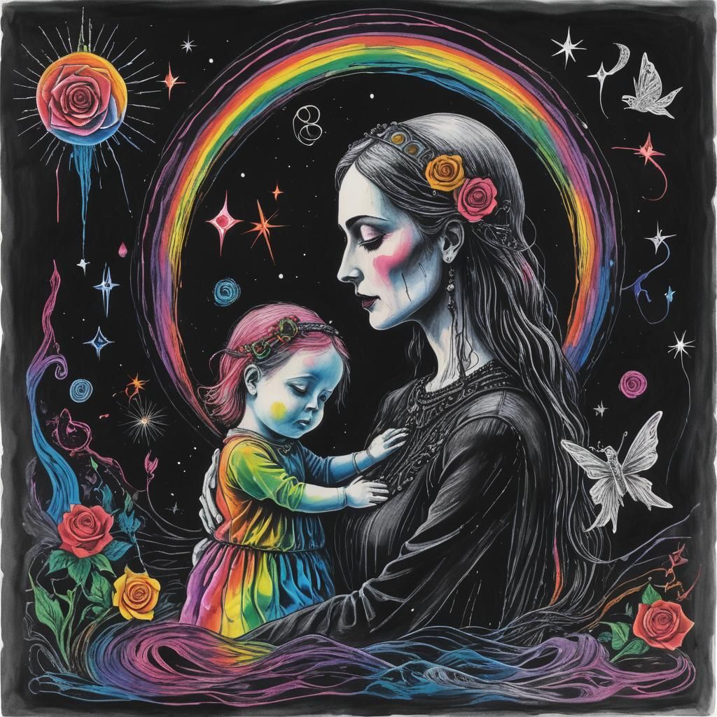 Surreal Crayon Drawing: Goth Mother and Child
