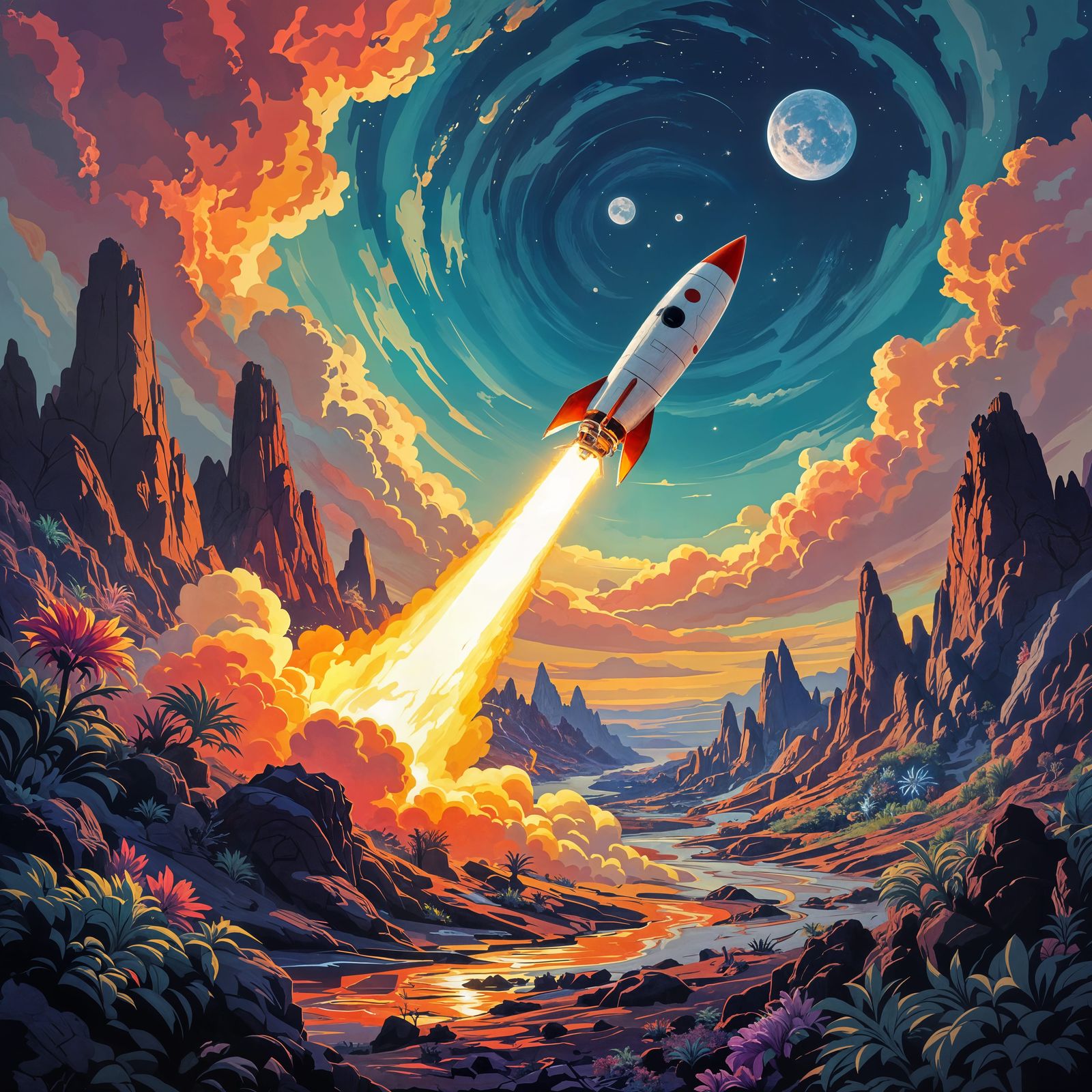 Rocket Launches from Alien Planet in Comic Style
