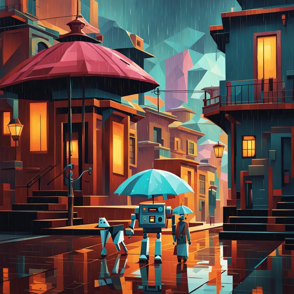 Cubist Robot Walks Dog in Rainy Wild West