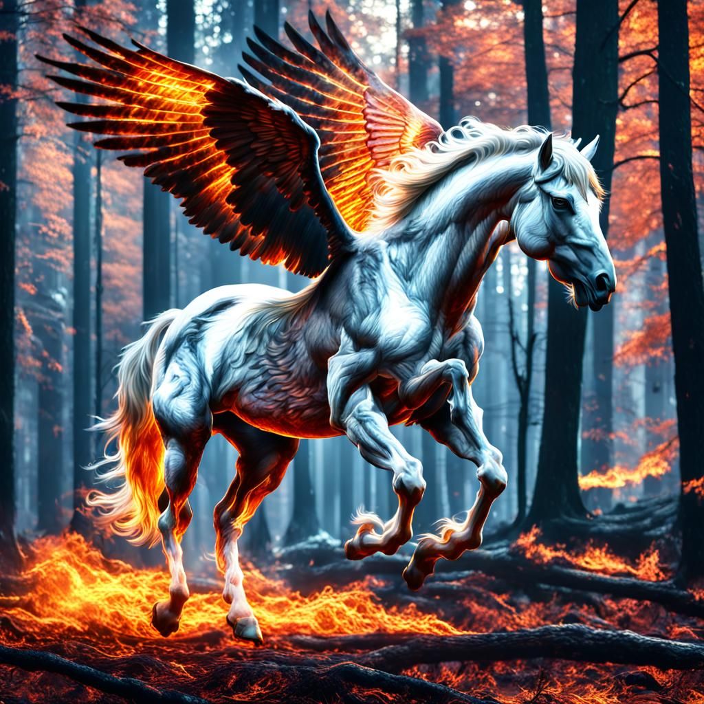 Ice Pegasus in Fiery Forest: Hyperrealistic HDR Image