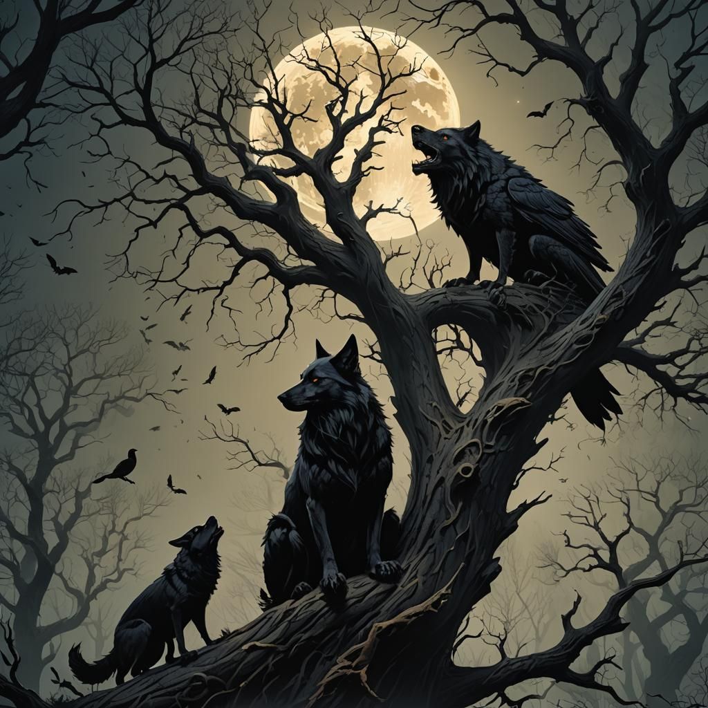 Dark Fantasy Wolf and Raven in Moonlight
