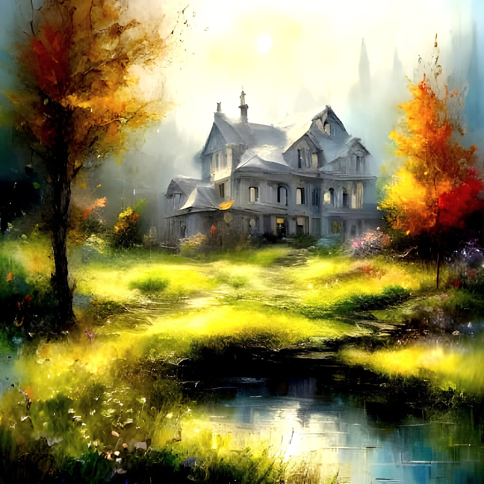 Impressionist Masterpiece of a Misty Manor House Morning
