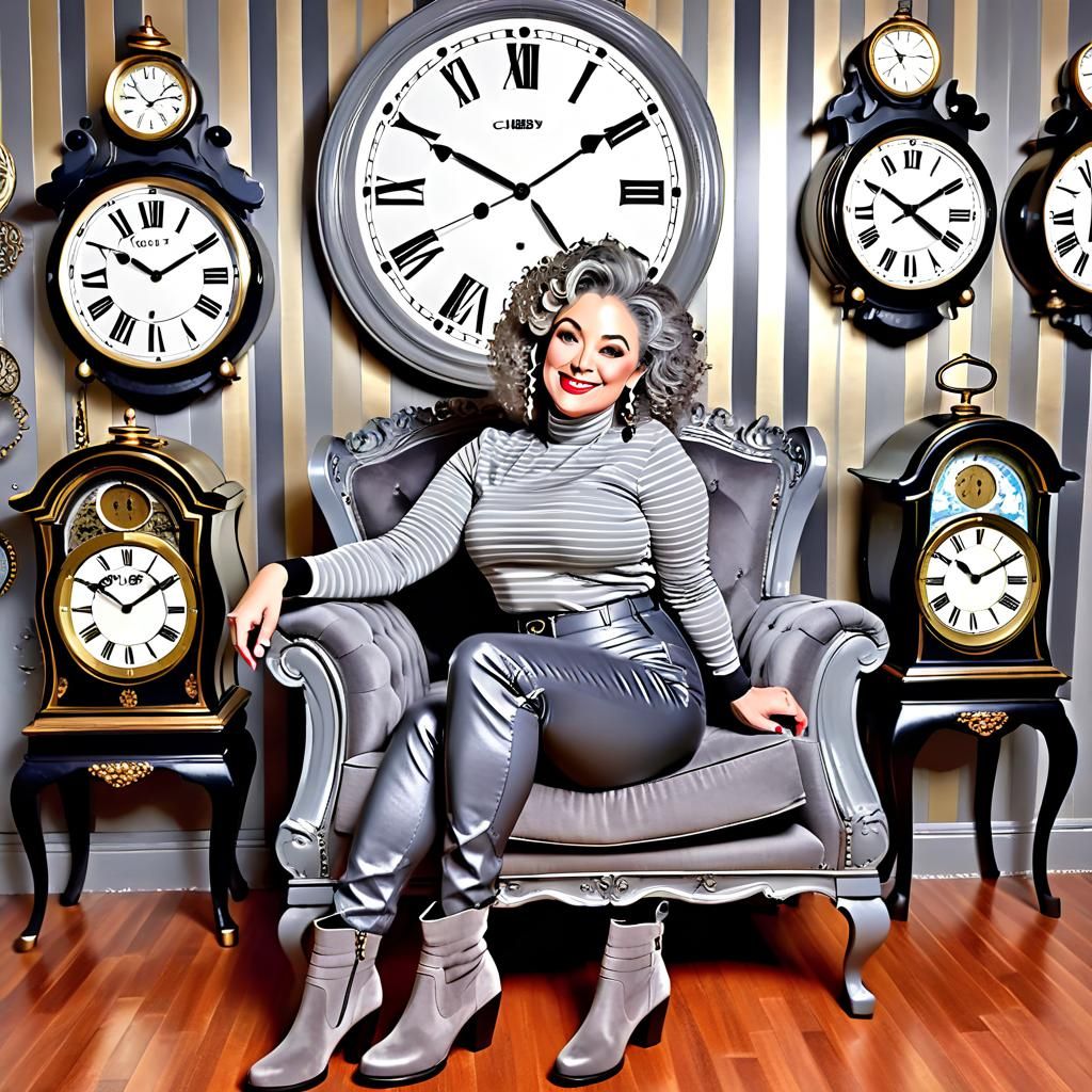 Woman in Room Full of Magnificent Clocks