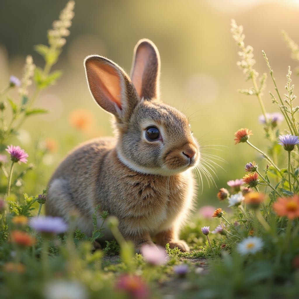 Whimsical Bunny in a Vibrant Meadow Scene