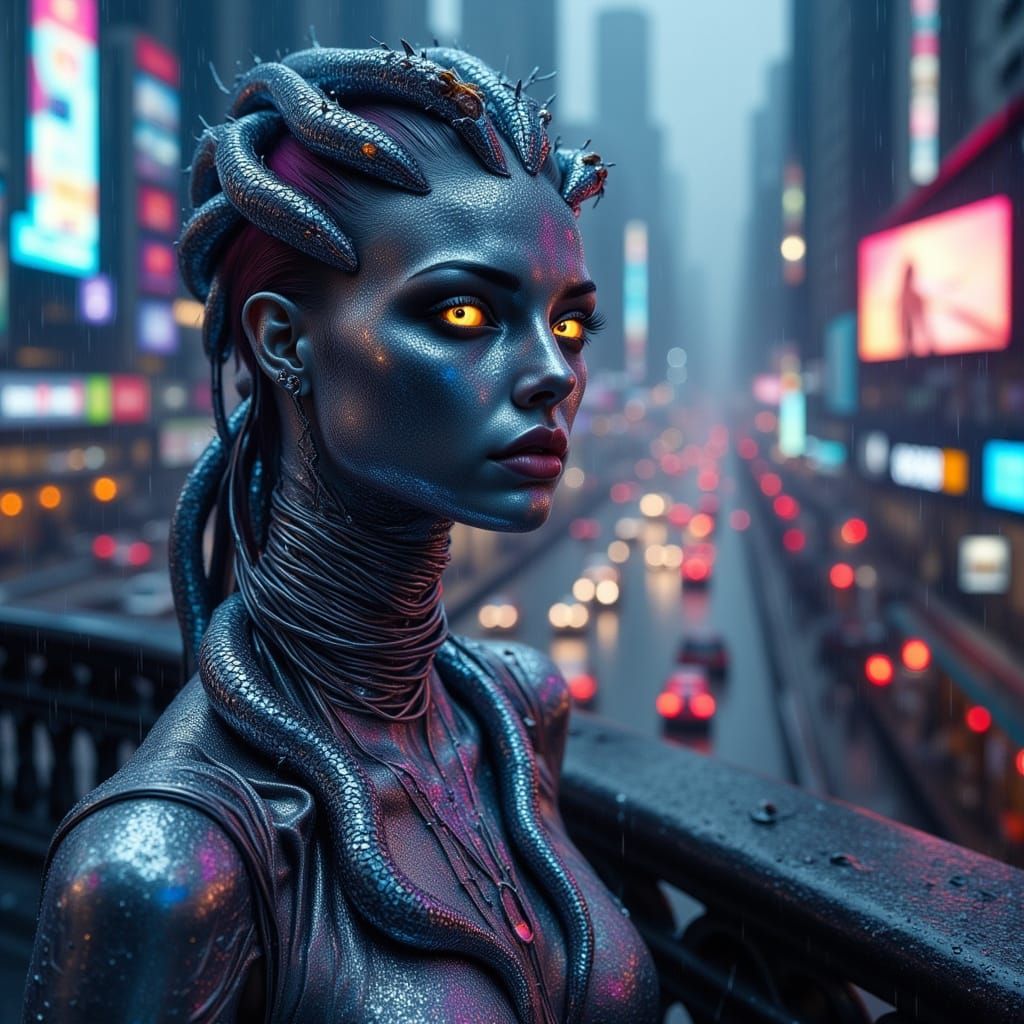 Alien on Rooftop in Neon City with Cyberpunk Medusa Hair