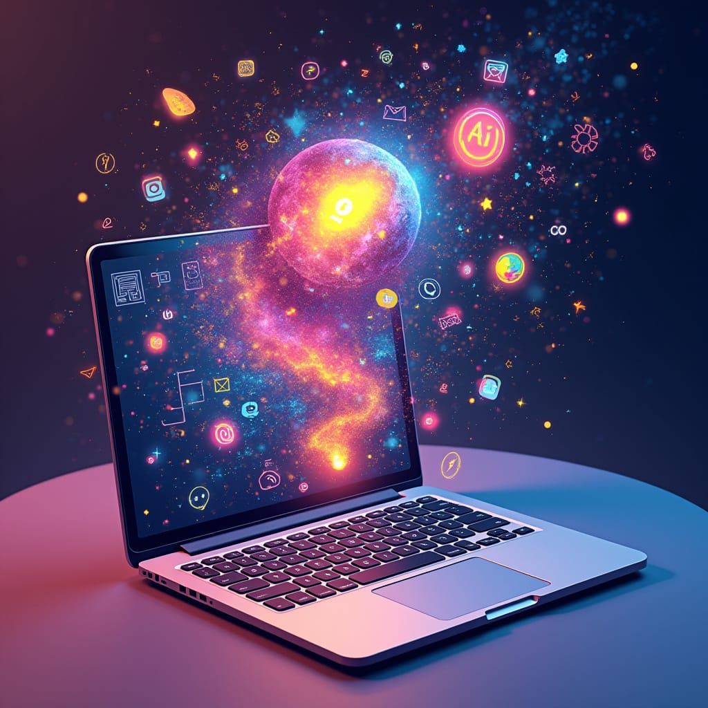 Laptop Bursting with AI Icons in 3D Vector Art
