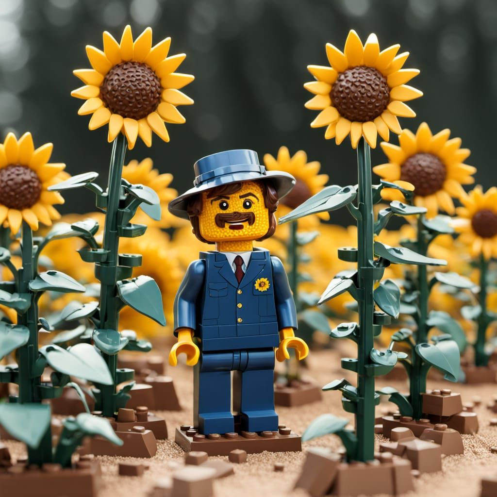 Excited Lego Bobblehead with Sunflowers