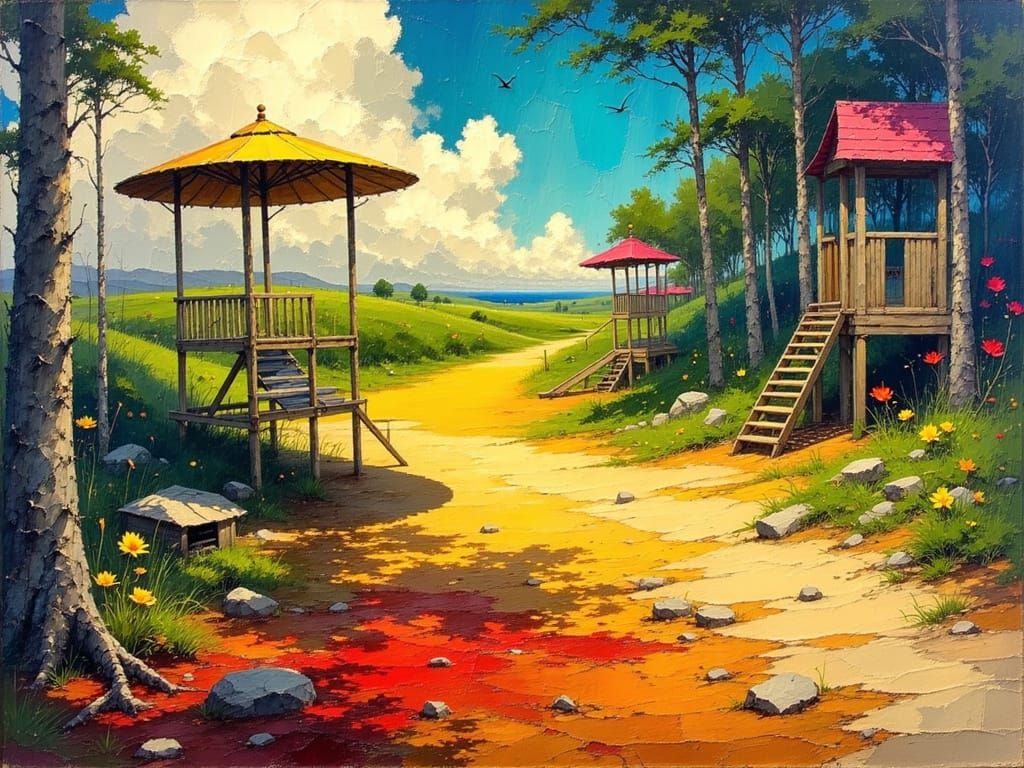 Surreal Shadows on a Summer Playground as Oil Painting