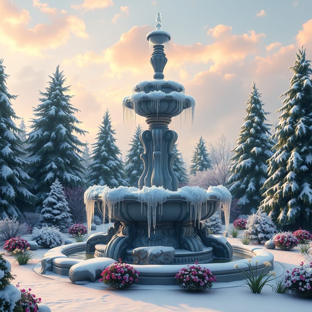 Majestic Frozen Fountain in a Serene Winter Garden