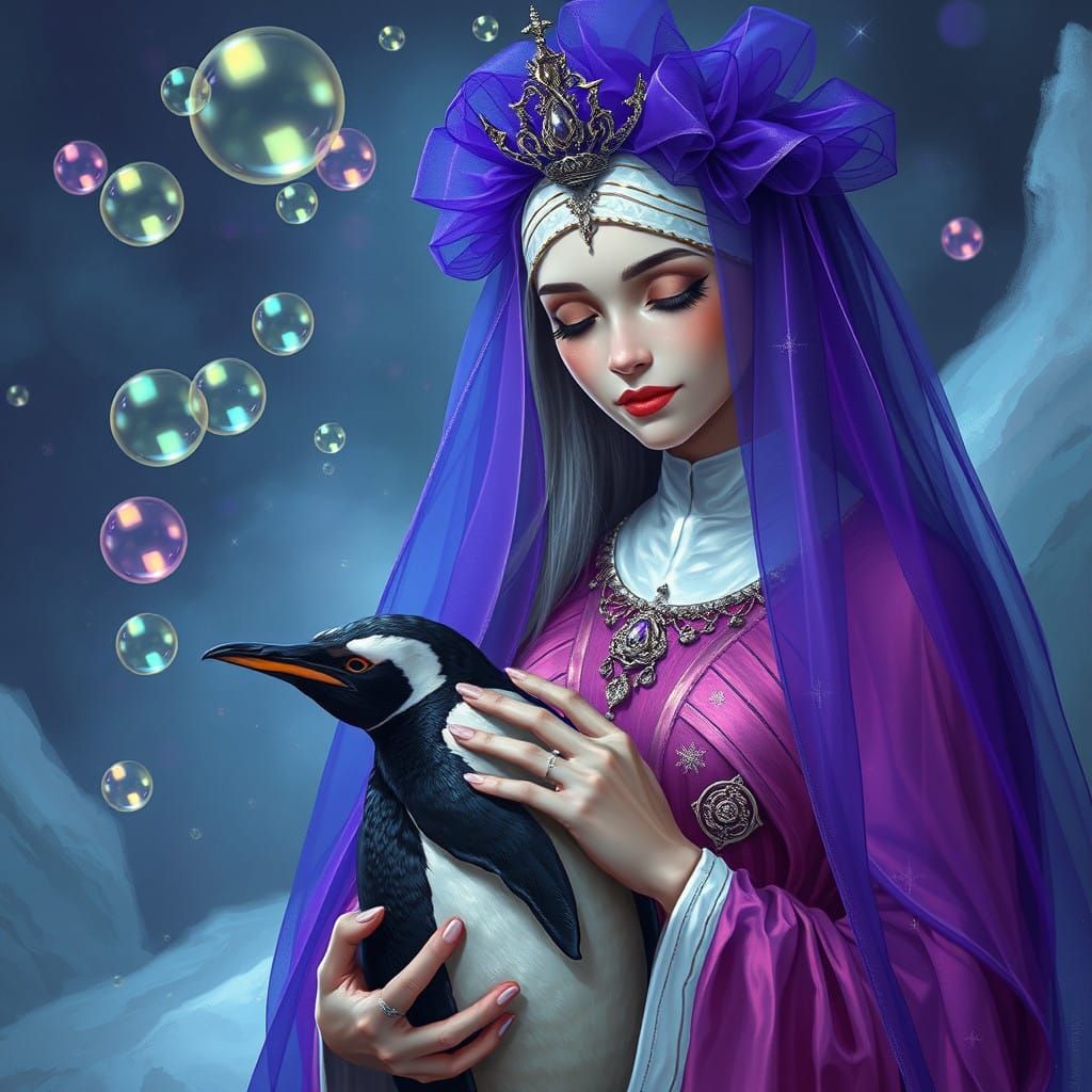 Glamorous Priestess With Penguin Companion in Teal Hues