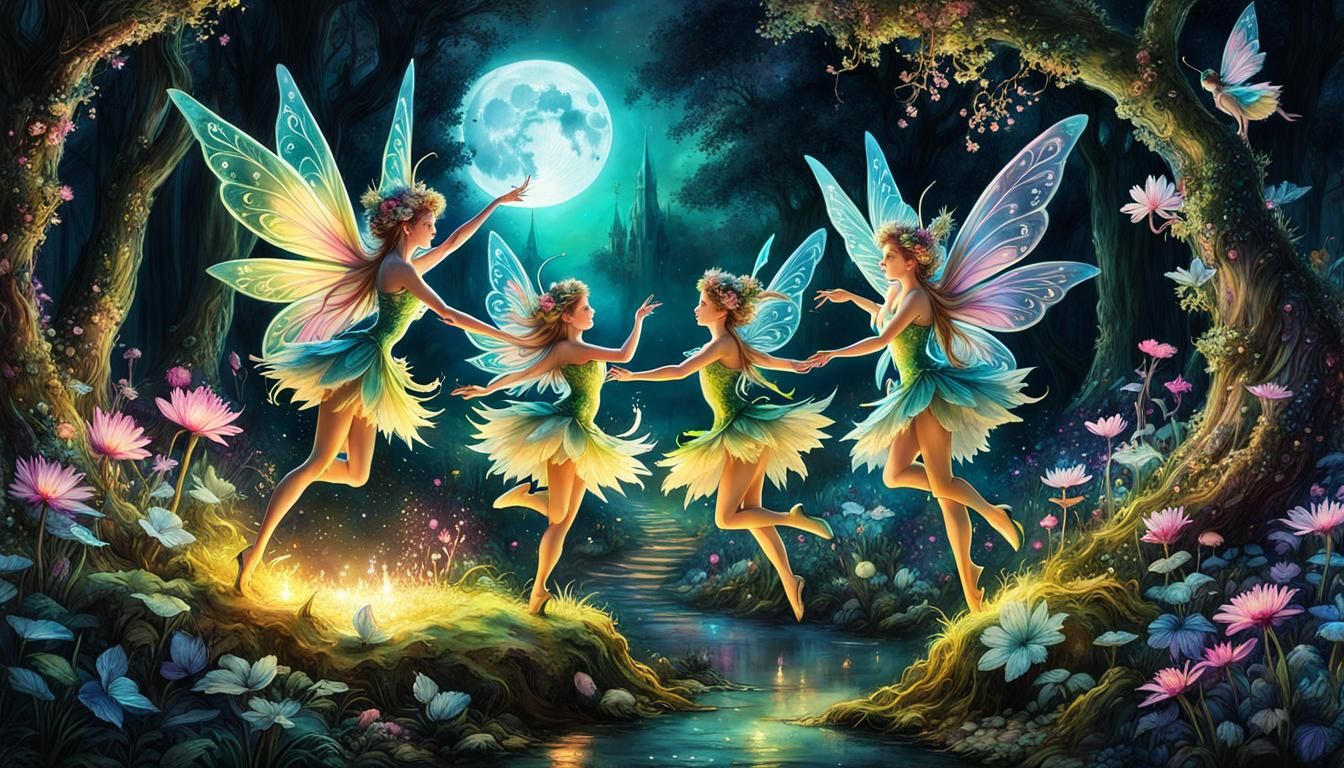 Fairies Dancing in Moonlight, Fairycore Art