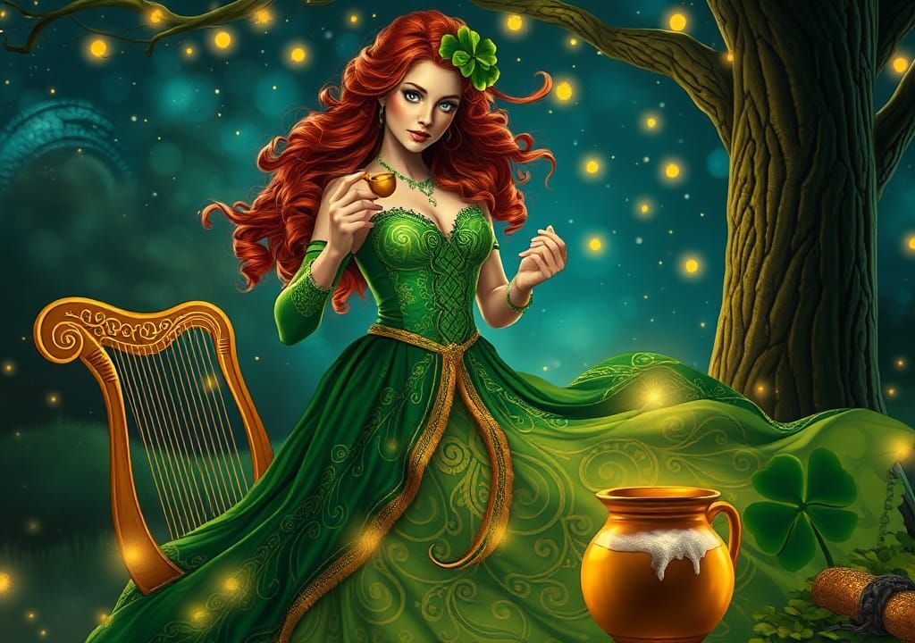 Celtic Leprechaun Woman Dancing Under Starry Sky