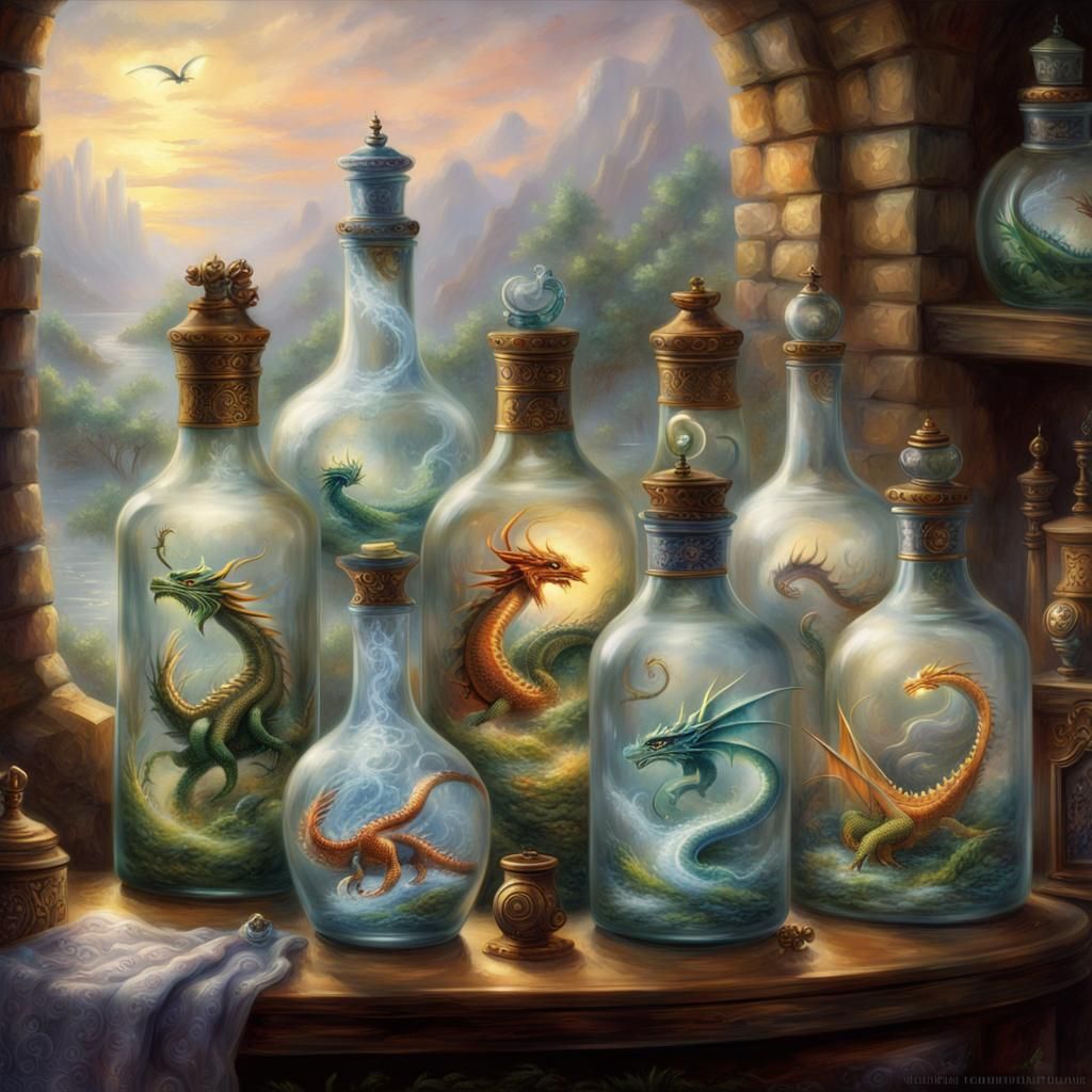 Ethereal Dragons Encased in Glass Bottles