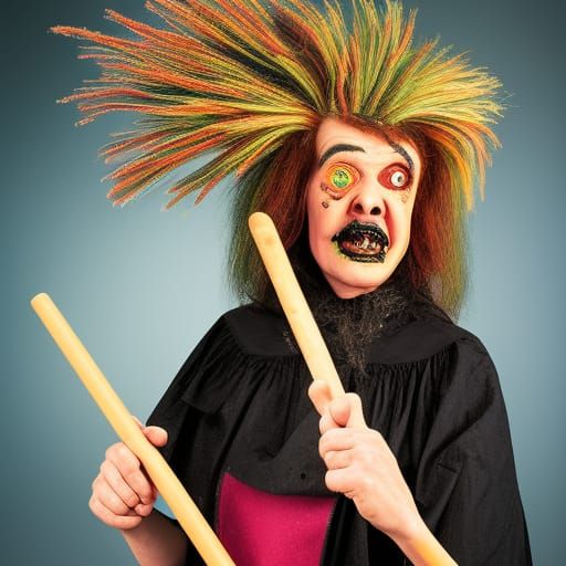 Witch with Broom in Ed Roth Art Style
