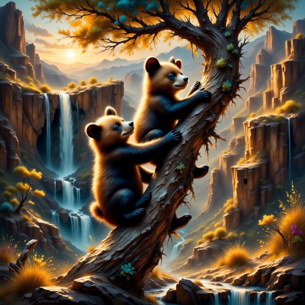 Bear Cubs in Surreal Desert City, Impasto Style