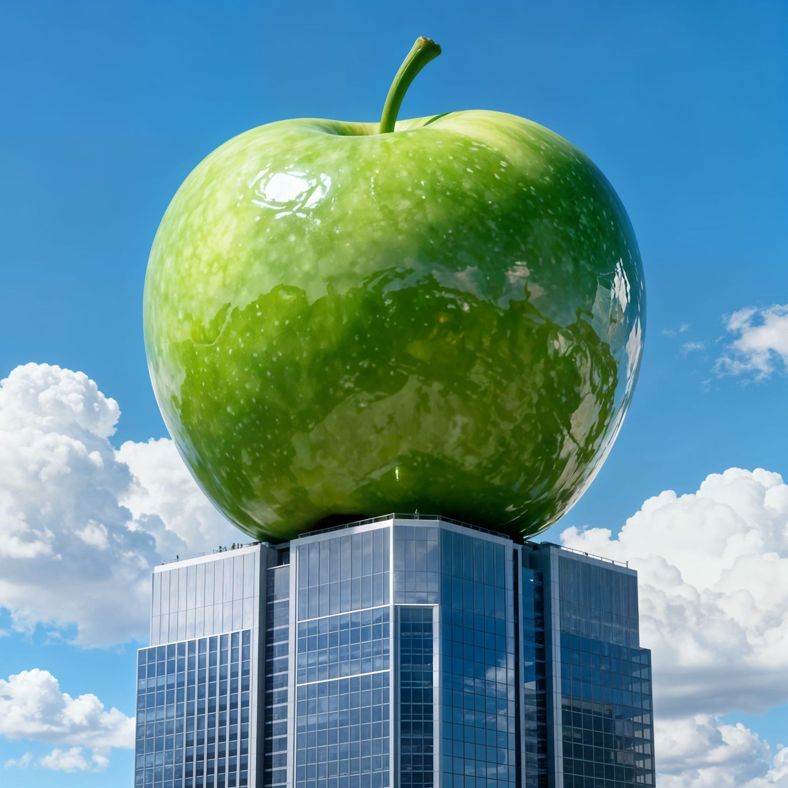 Giant Green Apple Rests On Skyscraper In Photorealistic Styl...
