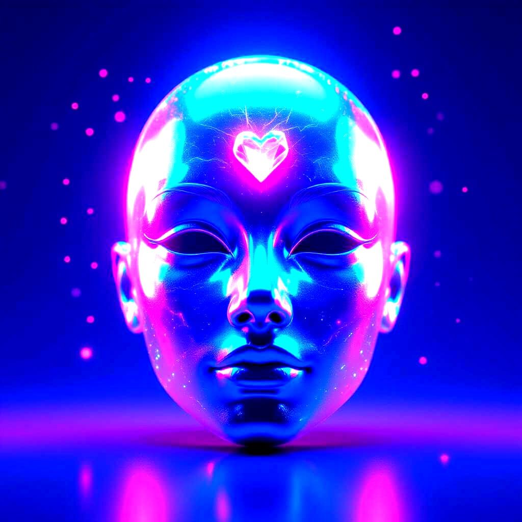 Futuristic Mask with Neon Textures and Crystal Heart