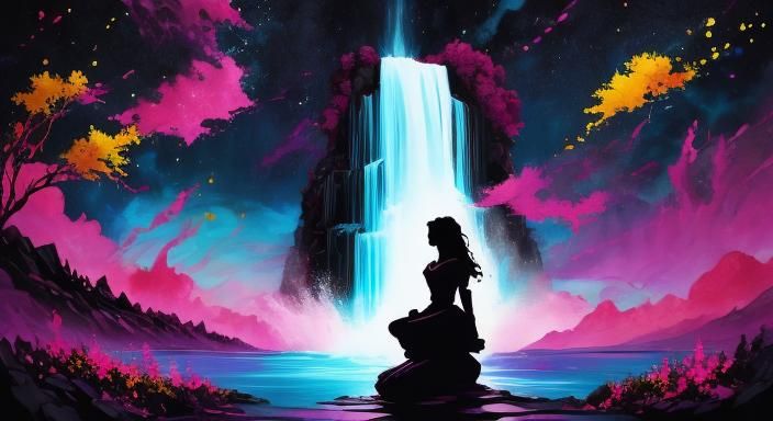 Queen Silhouette with Waterfall and Watercolor Ink