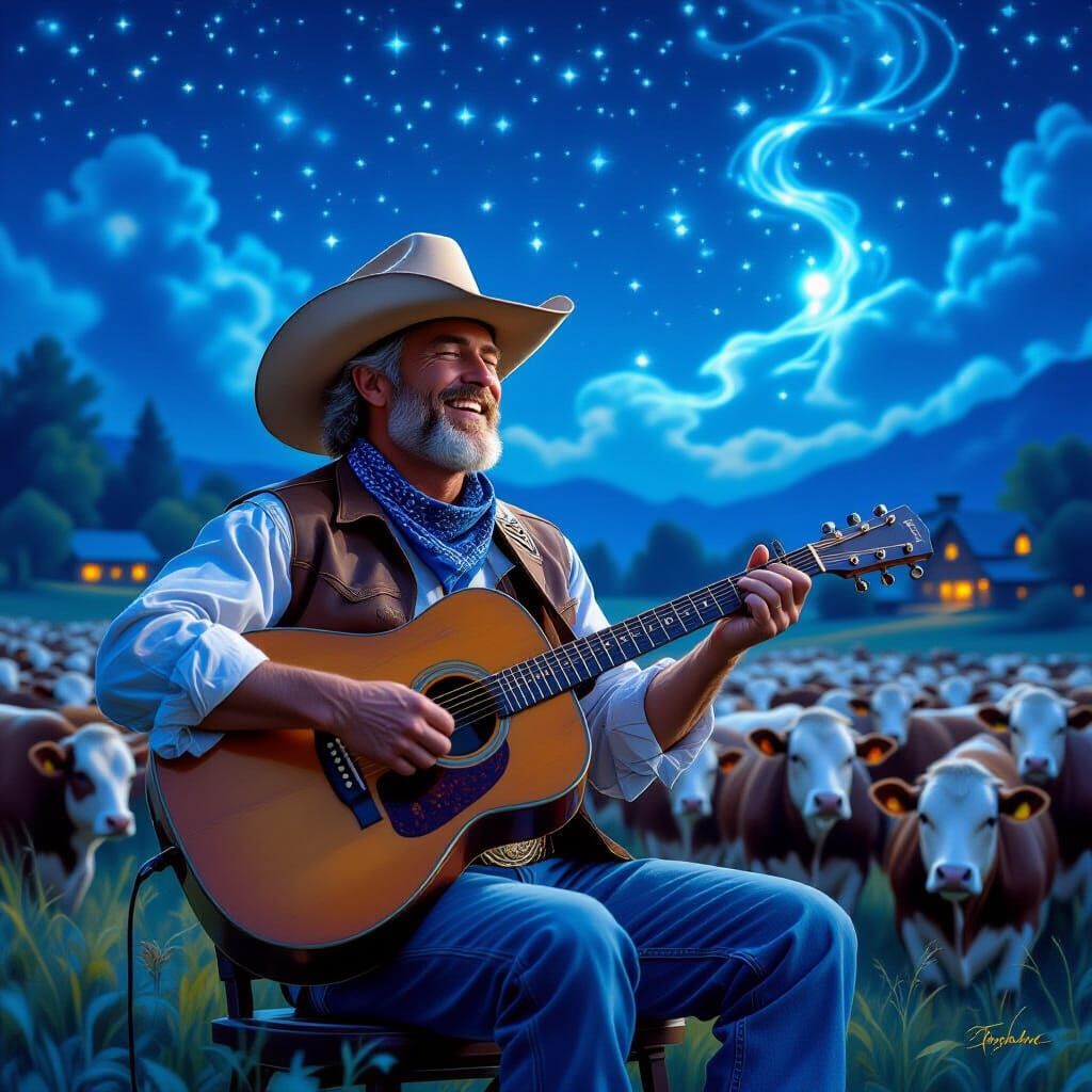 Cowboy Sings to Cows Under Starry Night Sky