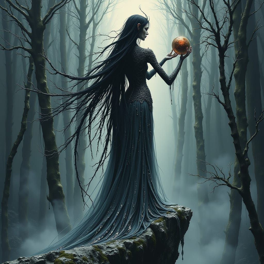 Ethereal Elf Maiden with Mystic Orb in Ancient Forest