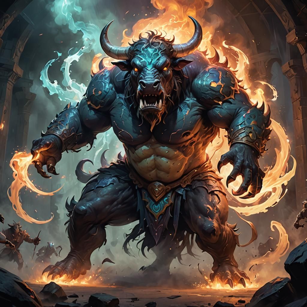 Bovine Monster Clashes with Magical Foe in Arena