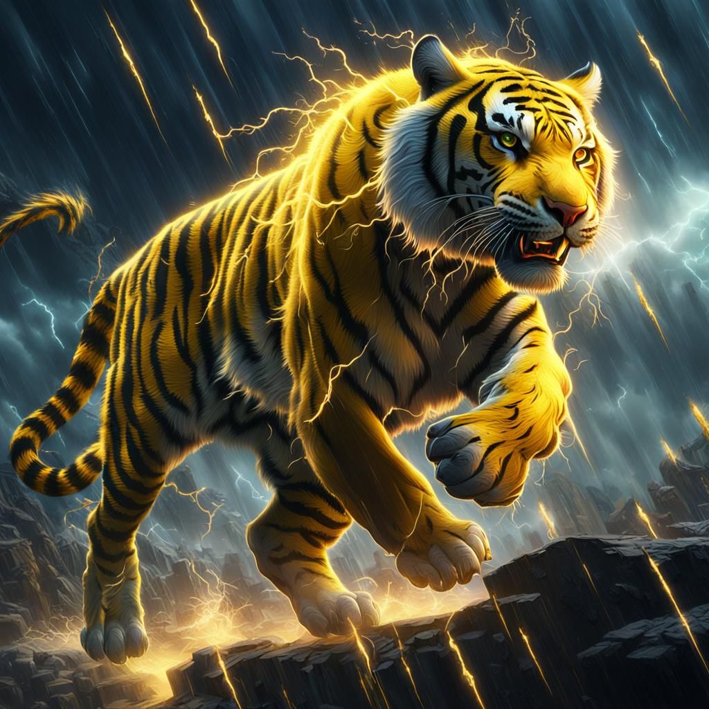 Vibrant Yellow Tiger Leaps Through Storm
