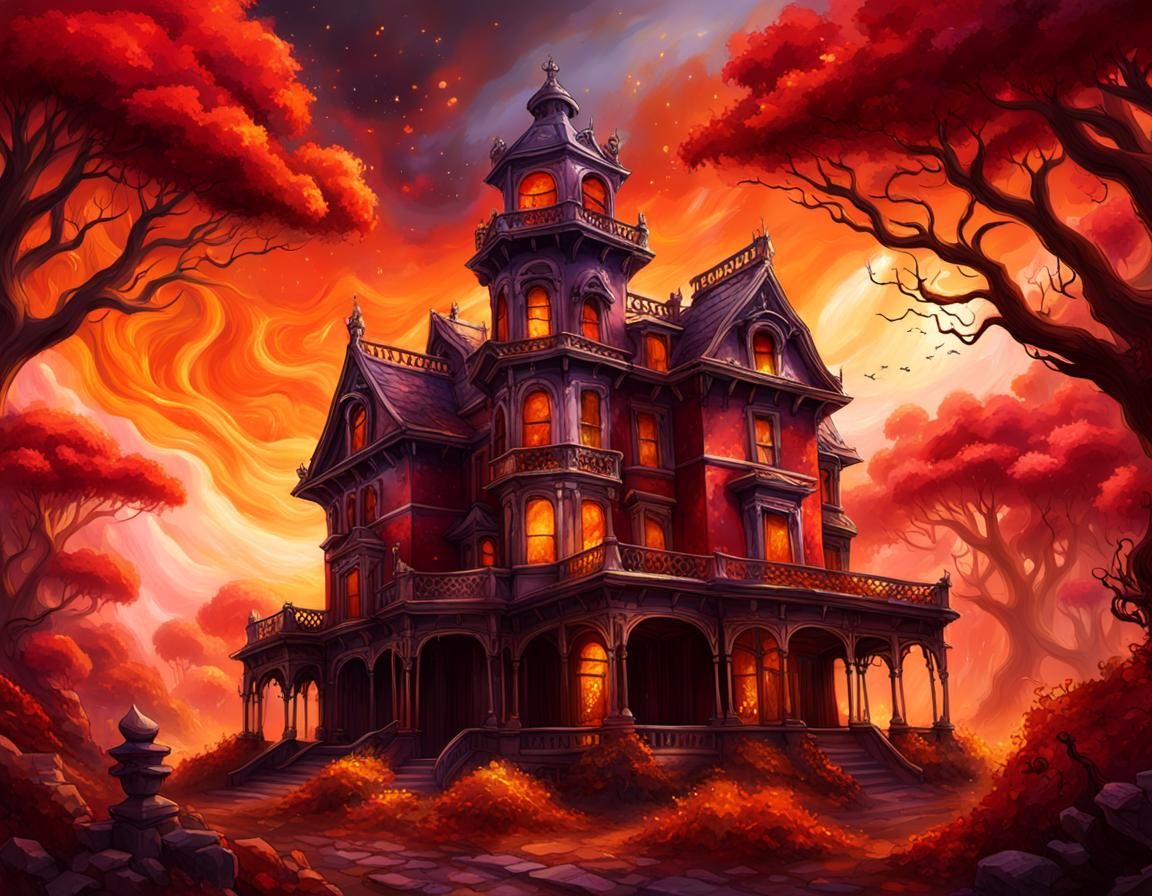 Haunted Mansion in Eternal Garden, Dark Fantasy Concept Art