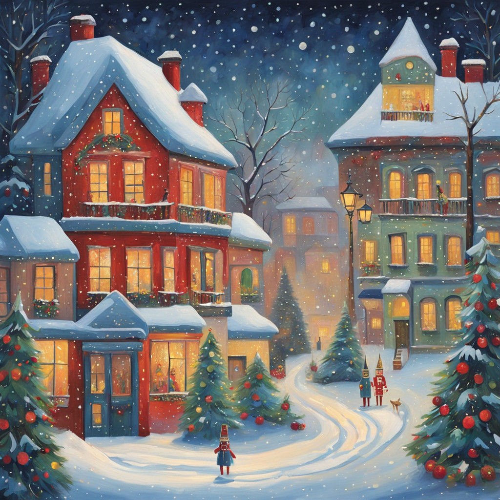 Whimsical Winter Soldier in Snowy Village Scene in Folk Art...